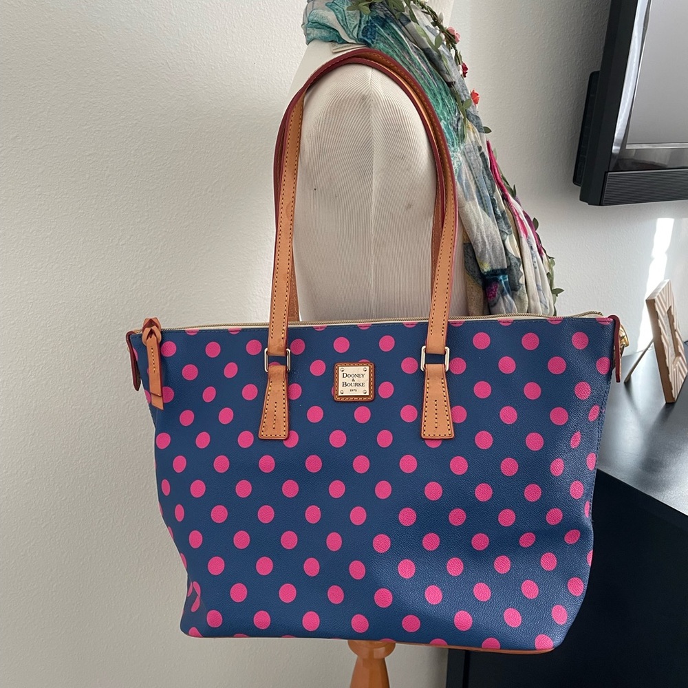 Dooney & Bourke Navy and Pink Polka Dot Shopper Tote